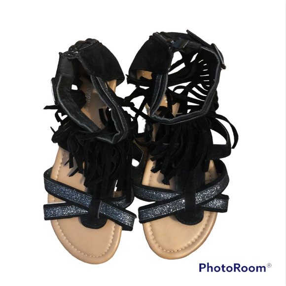 Fringe Forever 21 EUC Gladiator Sandals Black faux Suede Size 7 - Picture 5 of 10